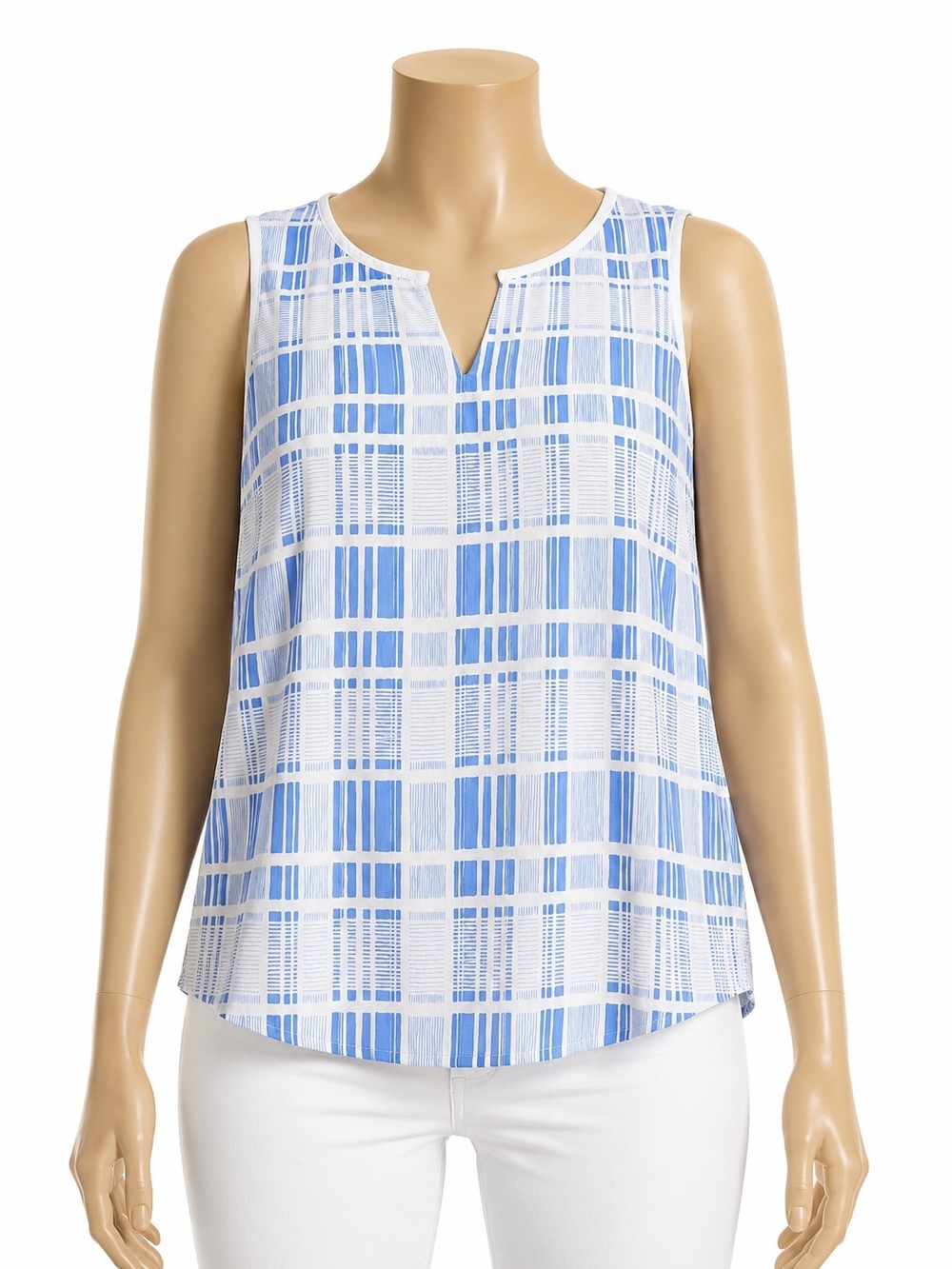 Apt. 9 White and Light Blue Plaid Sleeveless Notch-Neck Camisole